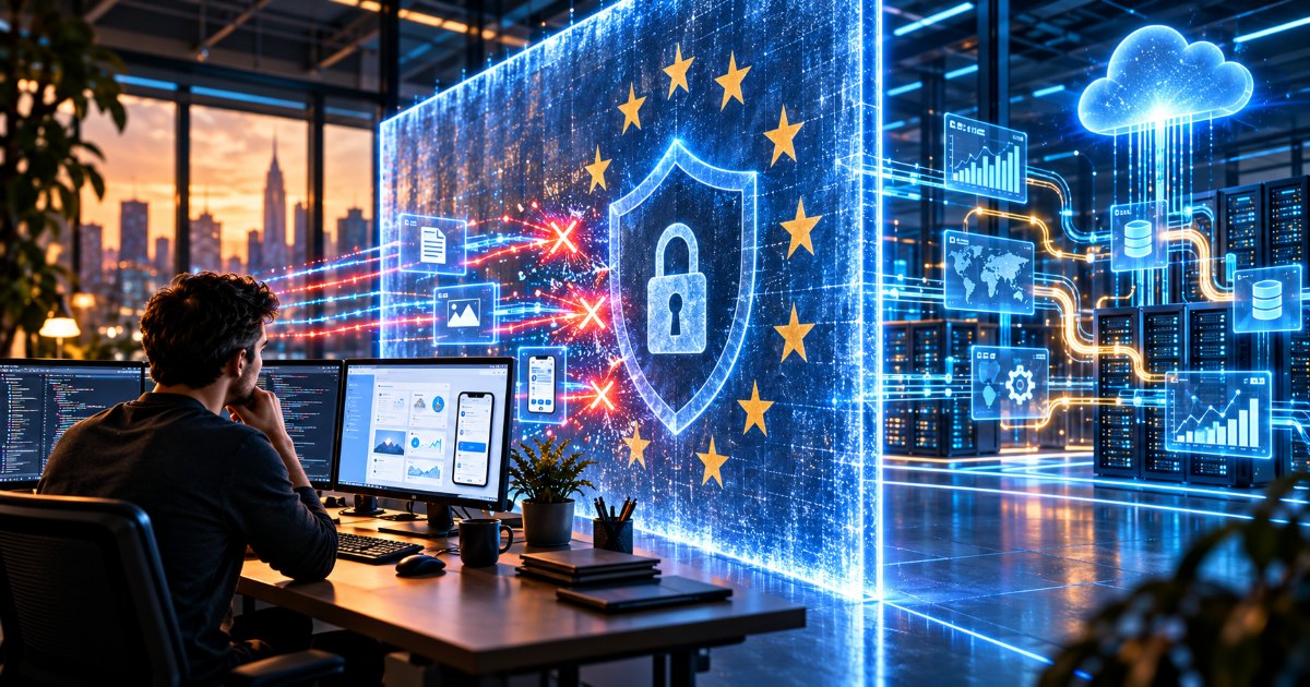 Datenschutz als Barriere zwischen moderner Softwareentwicklung und digitaler Innovation. Das Motiv verdeutlicht den Konflikt zwischen Regulierung und technischem Fortschritt.