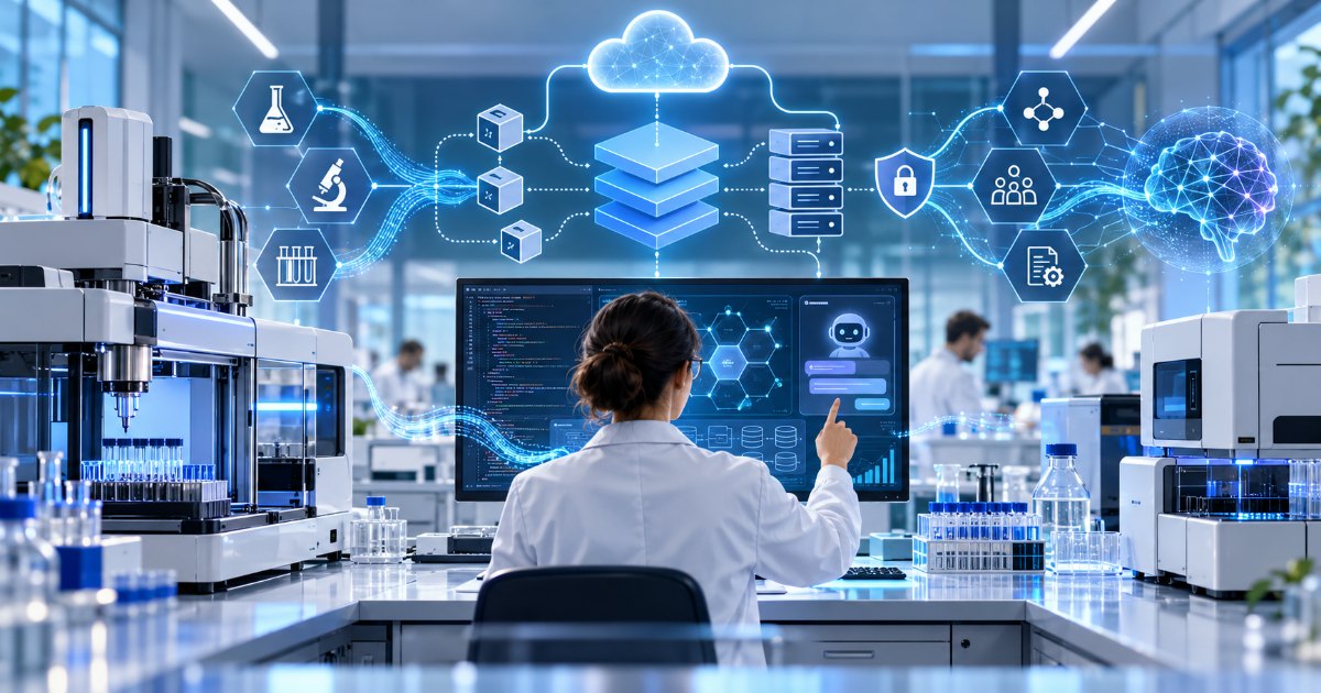 Modernes Labor mit vernetzten Analysegeräten, Cloud-Diensten und KI-Unterstützung. Digitale Datenflüsse und Architekturdiagramme symbolisieren sichere, modulare und zukunftsfähige Softwarearchitektur.