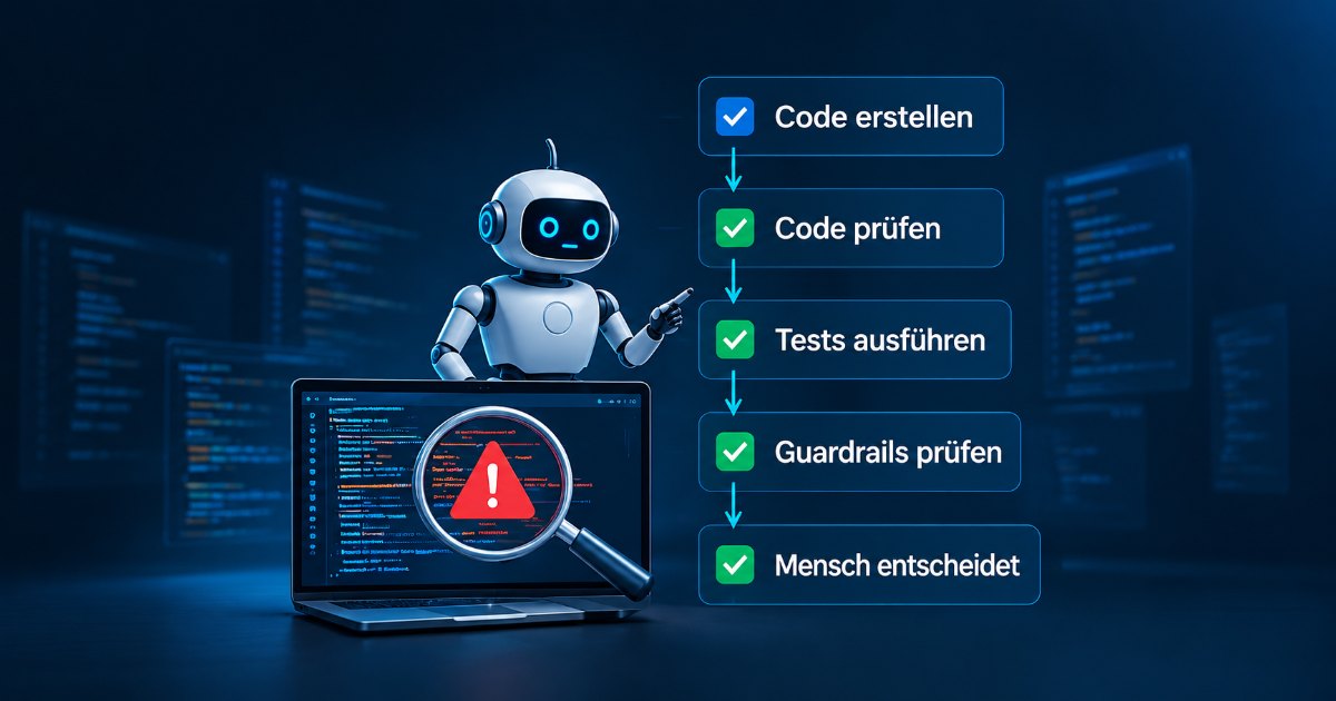 Ein Coding-Agent erstellt Code, ein zweiter Agent prüft ihn, Tests und Mensch sichern das Ergebnis.