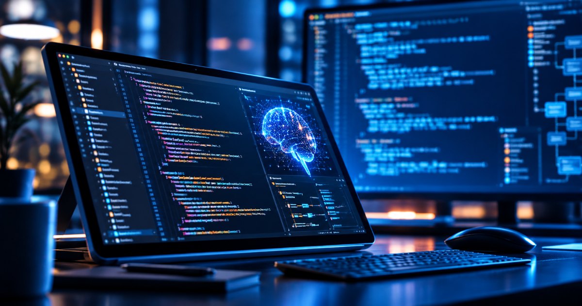 Quellcode auf zwei Bildschirmen. KI verändert die Softwareentwicklung und stellt den Schutz proprietärer Software zunehmend infrage.