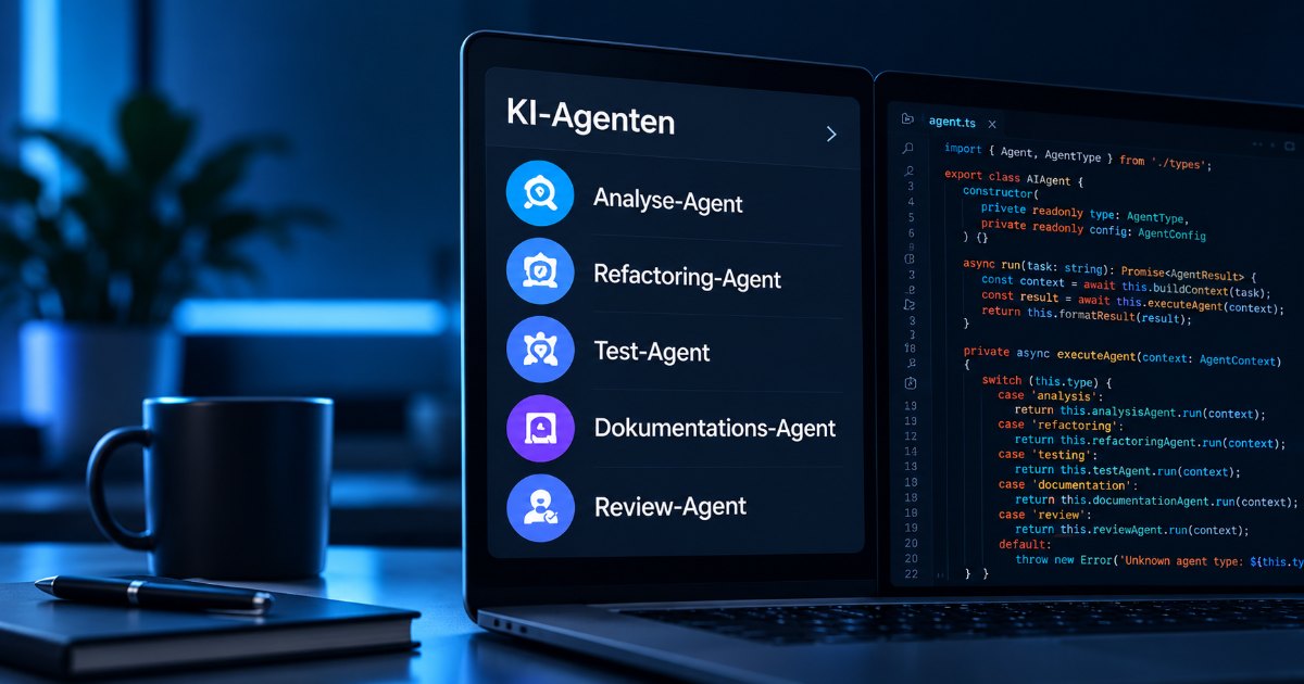 Mehrere spezialisierte KI-Agenten analysieren Code, testen, dokumentieren und refaktorieren ein Projekt.