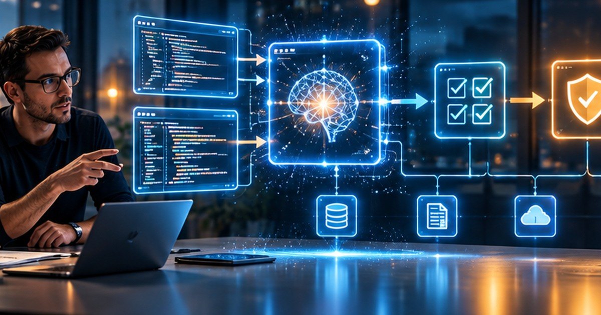 Geschäftsleitung und Entwickler betrachten eine KI-gestützte Software-Pipeline mit Prüfungen, Sicherheitskontrollen und Freigaben