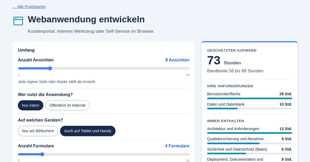 Aufwandsrechner für eine Webanwendung: links Regler und Auswahlfelder, rechts die geschätzten Stunden mit Bandbreite und Aufteilung nach Bereichen
