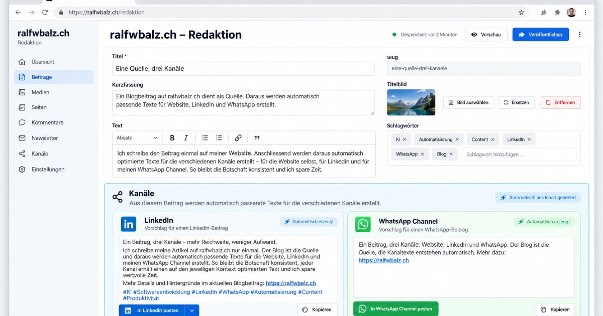 Bildschirmfoto der Redaktion mit dem Block «Kanäle», also dem LinkedIn- und dem WhatsApp-Text nebeneinander.