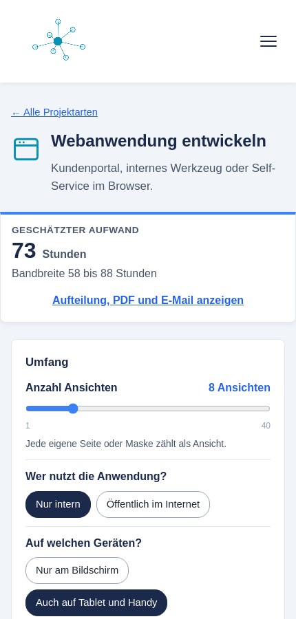 Aufwandsrechner auf dem Handy mit der Stundenzahl oben
