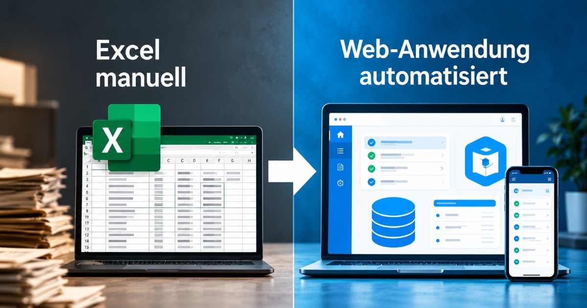 Eine manuelle Excel-Lösung wird schrittweise durch eine strukturierte Web- und Datenbankanwendung ersetzt.