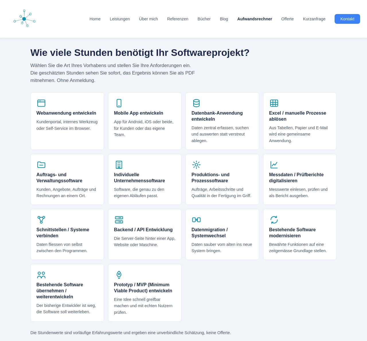 Startseite des Aufwandsrechners mit den 14 Projektarten als Karten