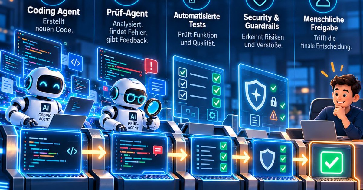 Illustration einer mehrstufigen KI-gestützten Softwareentwicklung: Ein Coding-Agent erzeugt Code, ein unabhängiger Prüf-Agent analysiert ihn, automatisierte Tests und Security-Guardrails kontrollieren