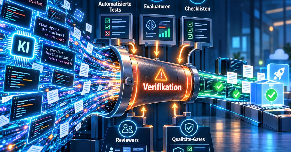 KI-generierter Softwarecode wird durch einen zentralen „Verifikations“-Prozess geprüft. Links strömt schnell erzeugter Code aus einem KI-System, während automatisierte Tests, Evaluatoren, Checklisten,